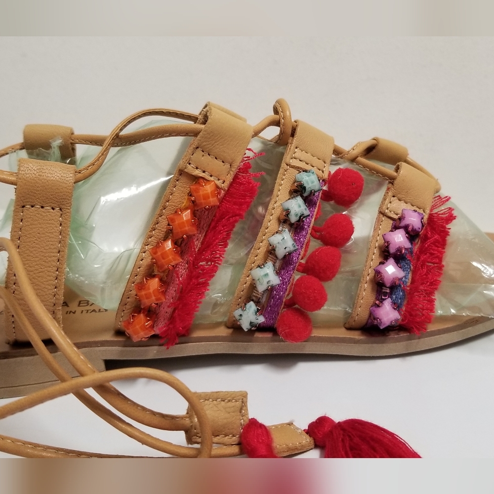 Barbara Barbieri Red Multi Tassel & Pom Pom Leather Gladiator Sandal Sz 8.5 - Picture 11 of 15